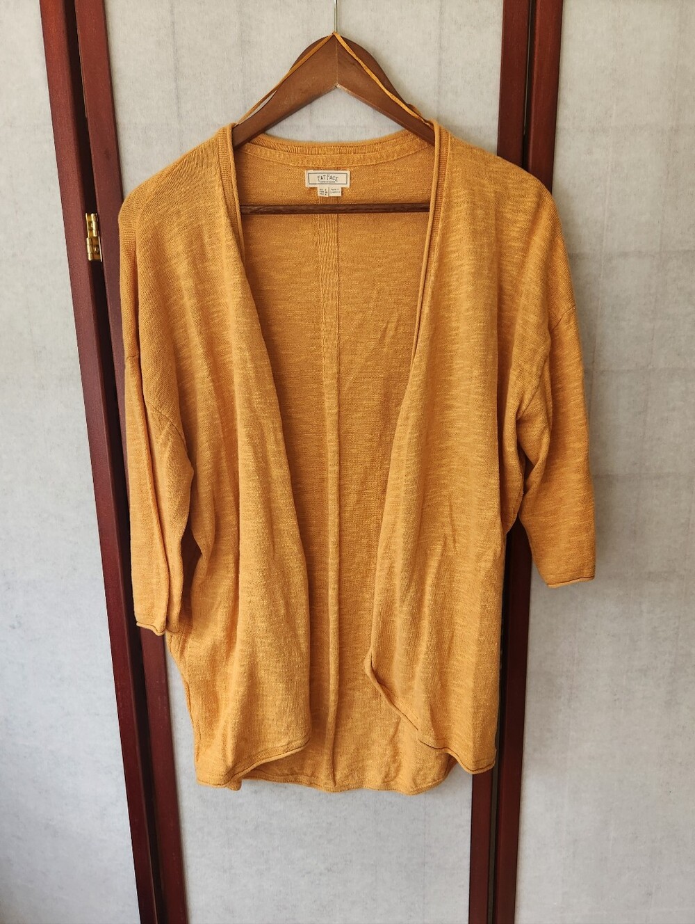 Fat Face lightweight open-front mustard yellow cardigan relaxed kimono sleeves